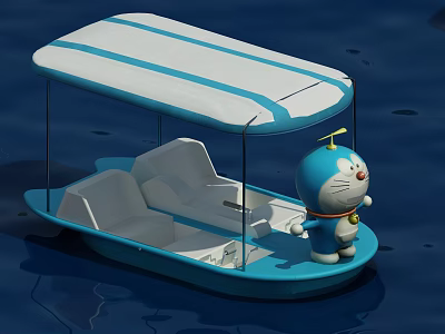 Blue Boat Shaped Play Equipment On Water With Canopy And Cartoon Character 3d model