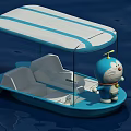 Blue Boat Shaped Play Equipment On Water With Canopy And Cartoon Character