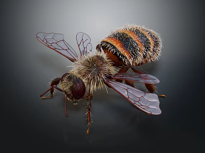 Detailed Realistic Hairy Striped Bee With Transparent Wings Compound Eyes And Legs On Dark Background 3d model
