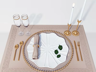 Elegant White Plate Tableware Set with Gold Cutlery Wine Glasses and Green Decorations 3d model