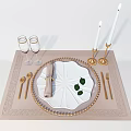 Elegant White Plate Tableware Set with Gold Cutlery Wine Glasses and Green Decorations
