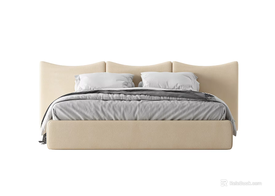 Modern Double Bed With Beige Upholstered Headboard White Pillows And Gray Bedspread 3d model