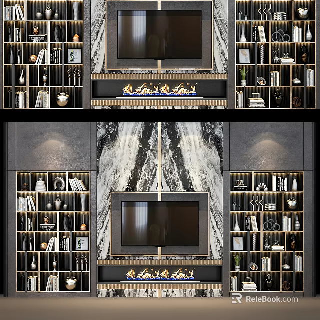 Modern TV Wall Interior Design With Marble Texture Side Shelves And Decorative Items 3d model