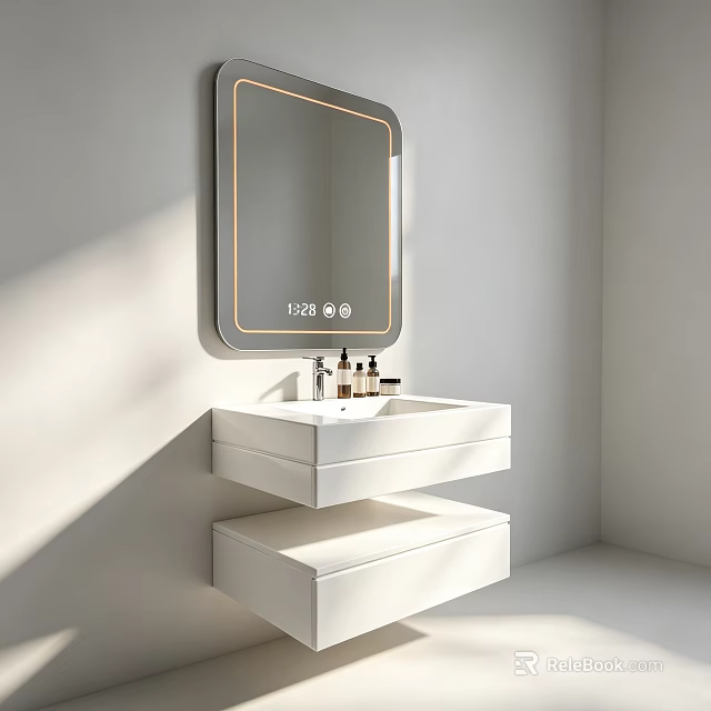 Other Bathroom Modern Interior With Illuminated Mirror White Vanity And Storage Shelves 3d model 