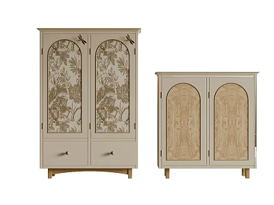 Classic Light Colored Dresser Cabinets Featuring Glass Floral Doors And Wooden Panels 3d model