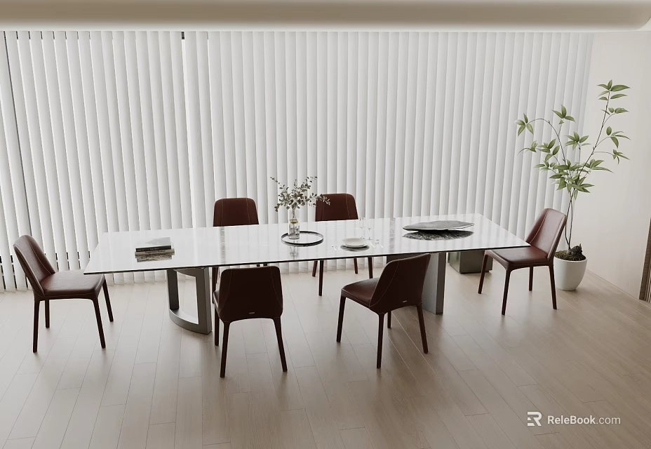 Modern Dining Room With Glass Table Red Chairs White Blinds Green Plant And Wooden Flooring 3d model 