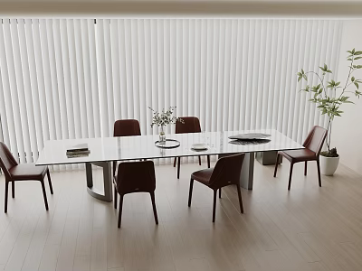 Modern Dining Room With Glass Table Red Chairs White Blinds Green Plant And Wooden Flooring 3d model