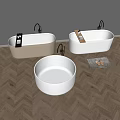 Three Stylish Freestanding Bathtubs In Beige And White With Black Faucets On Herringbone Wood Floor