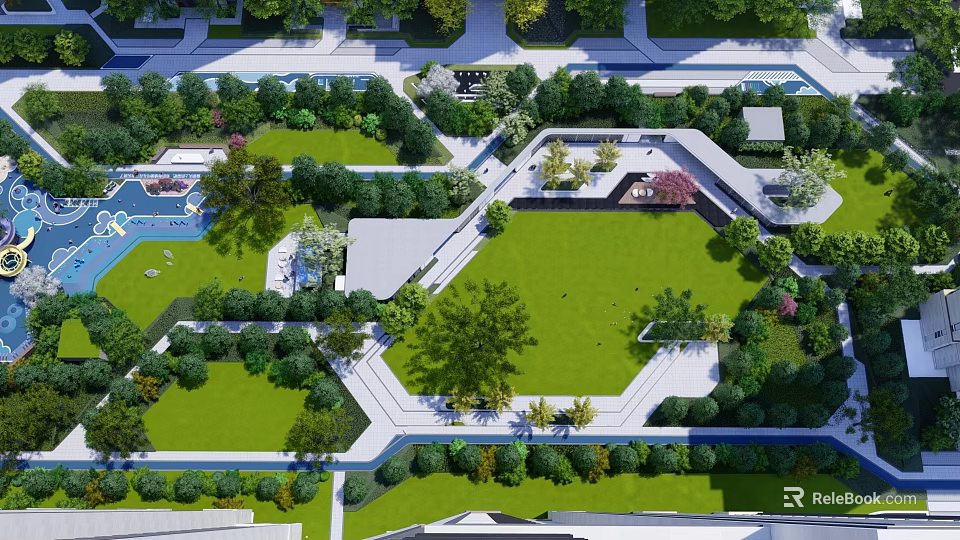 Residential Landscape Design With Green Lawn Trees Geometric Pathways And Seating Areas 3d model 