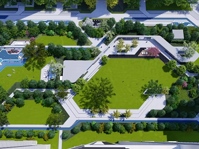 Residential Landscape Design With Green Lawn Trees Geometric Pathways And Seating Areas 3d model