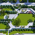 Residential Landscape Design With Green Lawn Trees Geometric Pathways And Seating Areas
