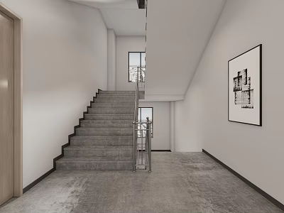 Modern Interior Design With Gray Staircase Metal Rail White Walls And Concrete Floor 3d model