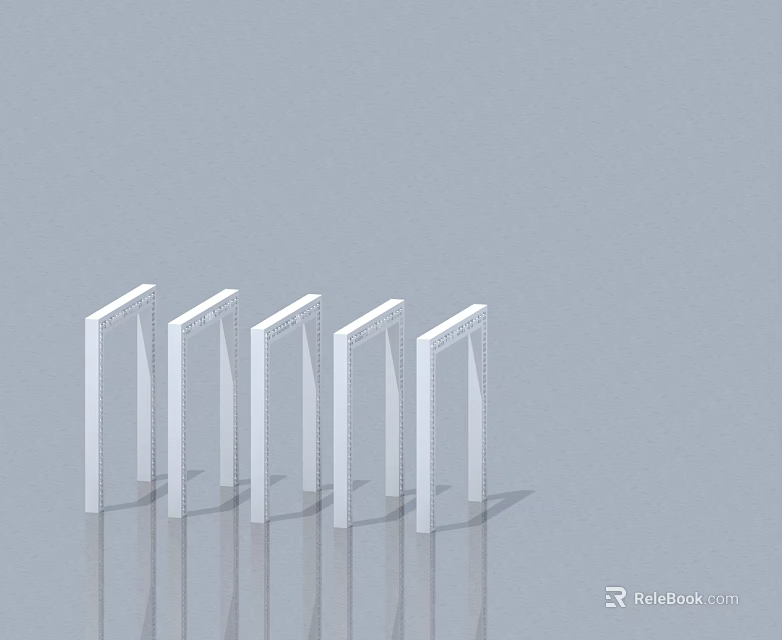 Five White Modern Swing Door Frames Arranged in Row with Reflection on Gray Background 3d model