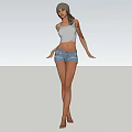 Woman in White Tank Top and Denim Shorts Standing Barefoot with Hat on White Background