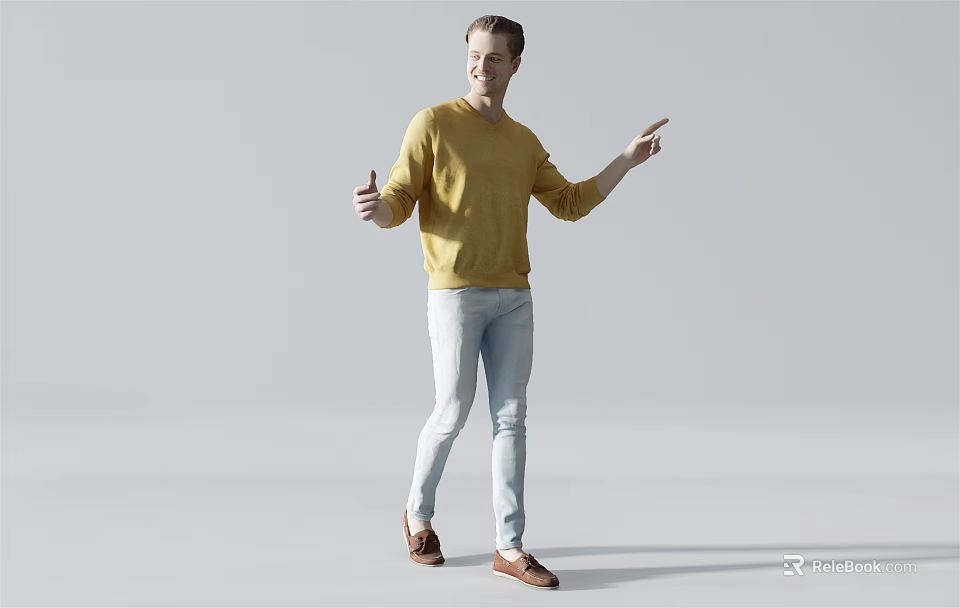 Man Wearing Yellow Sweater and Light Blue Jeans Standing with Brown Shoes Pointing on Gray Background 3d model 