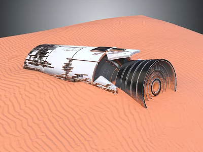Weathered Metallic Wreckage With Curved Panels On Orange Desert Sand Dunes 3d model