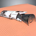 Weathered Metallic Wreckage With Curved Panels On Orange Desert Sand Dunes