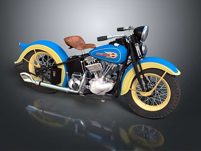 Vintage Blue and Yellow Motorcycle with Brown Leather Seat and Chrome Details 3d model