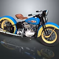 Vintage Blue and Yellow Motorcycle with Brown Leather Seat and Chrome Details