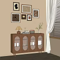 Wooden Sideboard With Glass Doors Top Lamp Vase Books Decorative Wall Art Near Window Curtain
