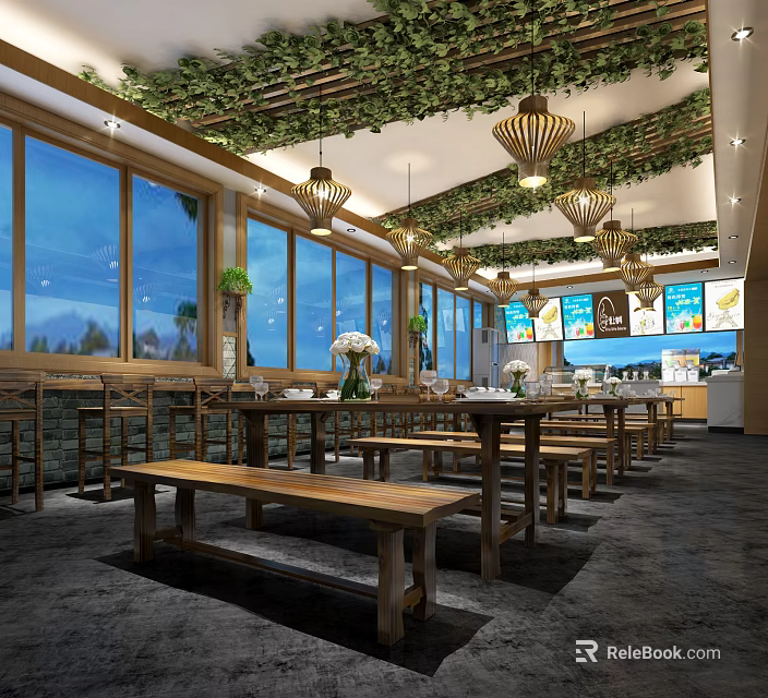 Scenic Restaurant With Large Windows Green Vine Ceiling Wooden Tables Pendant Lights And Order Counter 3d model 