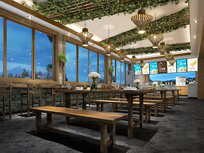 Scenic Restaurant With Large Windows Green Vine Ceiling Wooden Tables Pendant Lights And Order Counter 3d model
