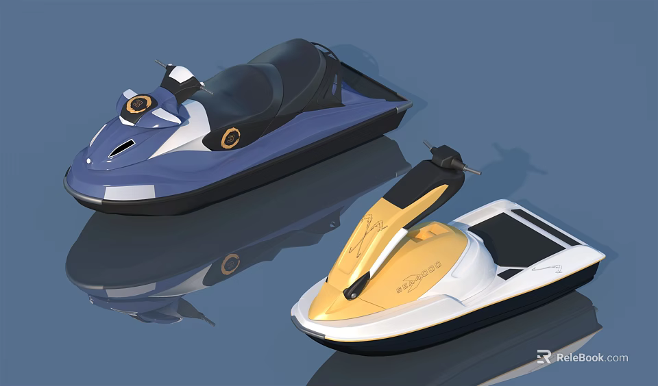 Two Modern Jet Skis Blue and Yellow White Sporty Design with Seats and Controls 3d model 