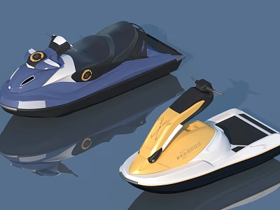 Two Modern Jet Skis Blue and Yellow White Sporty Design with Seats and Controls 3d model