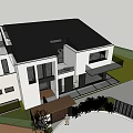 Modern Detached Villa Exterior With Large Glass Windows Flat Roof And Landscaped Lawn