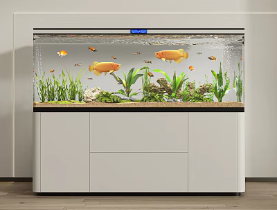 Stylish Aquarium Setup With Colorful Fish Aquatic Plants And Cabinet 3d model