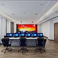 Spacious Bright Conference Room Interior With Blue LED Screen Long Table Black Chairs And Wooden Floor