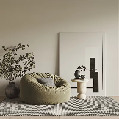 Green Lazy Sofa In Minimalist Modern Interior With Green Leaf Plant White Framed Painting 3d model