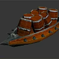Traditional Orange Wooden Boat With Red Barrels And Metal Details Sailing On Water