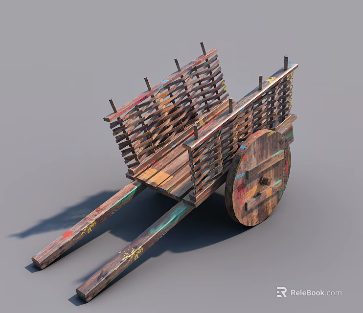 Ancient Wooden Cart With Wicker Fence Wooden Wheels And Decorative Poles 3d model 
