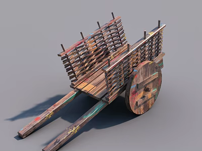 Ancient Wooden Cart With Wicker Fence Wooden Wheels And Decorative Poles 3d model