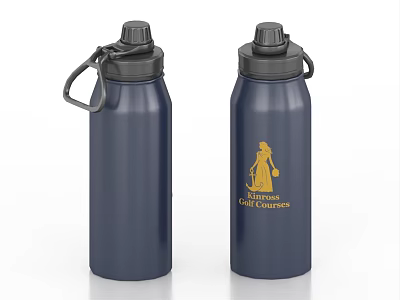 Two Navy Blue Aluminum Water Bottles One With Golden Salmon Golf Course Graphic Design 3d model