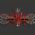 Red Futuristic Game Movie Character Vehicle With Large Wheels And Yellow Black Stripes
