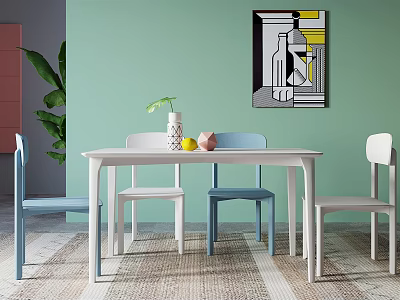 Modern Dining Table Set Featuring White Top Colorful Chairs Vase Fruits And Light Green Wall 3d model
