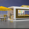 Starbucks Coffee Interactive Area With Yellow Umbrellas Outdoor Seating Female Customers And Kiosk Structure