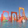 Hygge Beach With Sandy Shore Large Yellow Letters Colorful Arches Palm Trees And Blue Sky