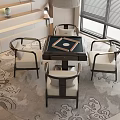 Modern Chinese Square Wooden Table With Four Beige Upholstered Chairs On Patterned Rug