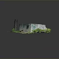 Abandoned Building Ruins With Broken Walls Peeling Paint Tree Stump And Green Plants