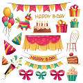 Birthday Party Themed Wall Decor with Happy Birthday Banners Balloons Gifts and Cake