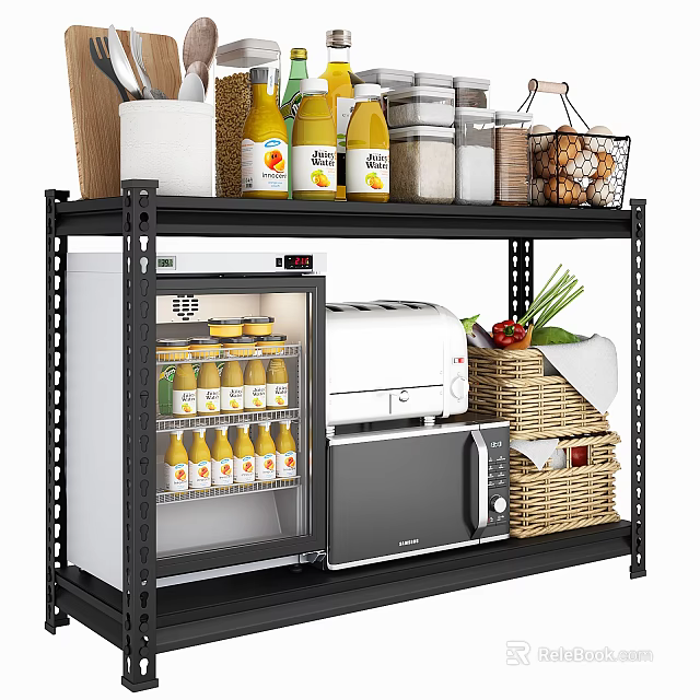 Practical Black Multi tier Storage Shelf With Mini Fridge Toaster Microwave And Vegetables 3d model 