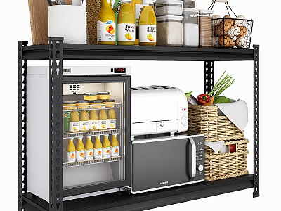 Practical Black Multi tier Storage Shelf With Mini Fridge Toaster Microwave And Vegetables 3d model