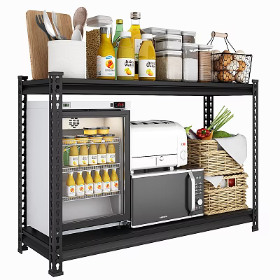 Practical Black Multi tier Storage Shelf With Mini Fridge Toaster Microwave And Vegetables 3d model