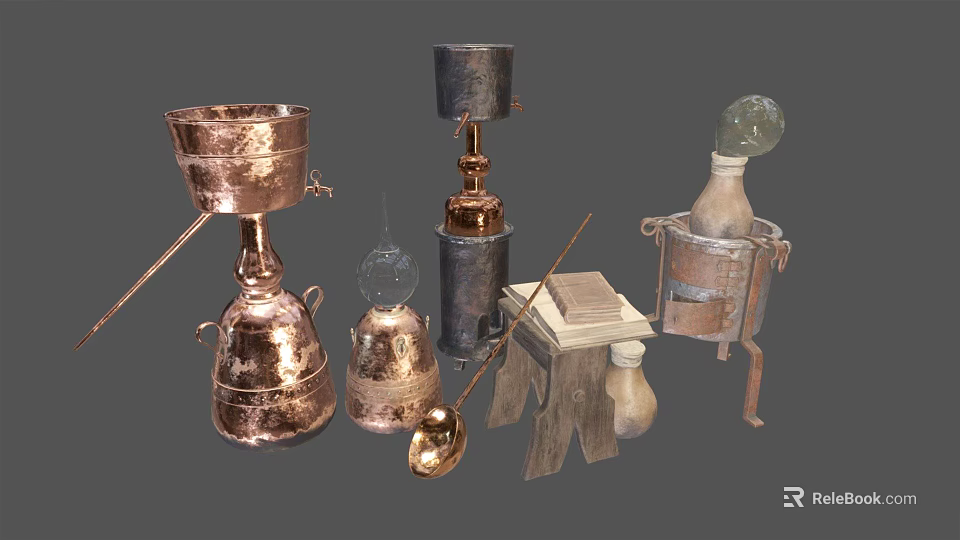 Vintage Copper And Metal Alchemy Laboratory Tools With Containers And Funnels 3d model 