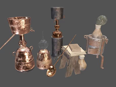 Vintage Copper And Metal Alchemy Laboratory Tools With Containers And Funnels 3d model