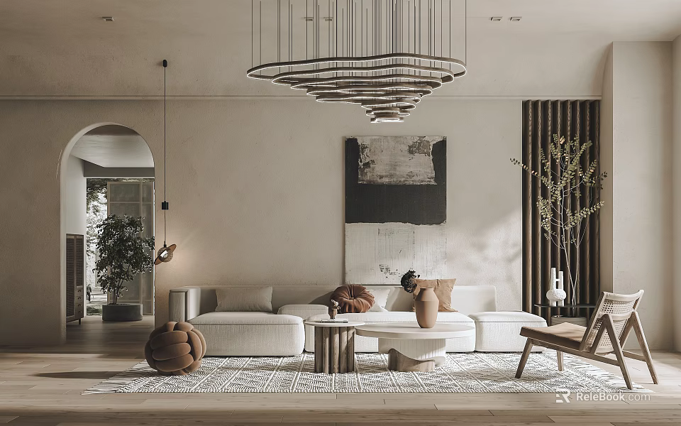 Modern Living Room Interior With White Sofa Large Artwork Wooden Chair Chandelier And Beige Rug 3d model 