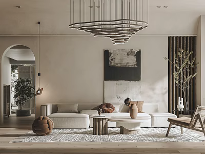 Modern Living Room Interior With White Sofa Large Artwork Wooden Chair Chandelier And Beige Rug 3d model